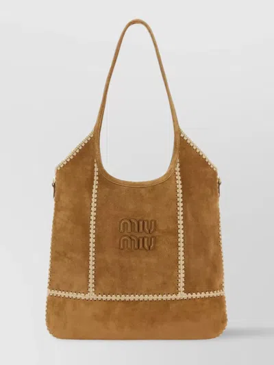 Miu Miu Suede Leather Shopping Bag With Contrast Stitching In Neutral
