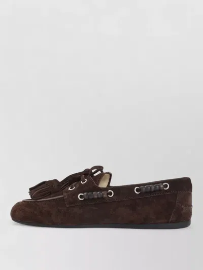 Miu Miu Suede Loafer Lace Up Tassels Rubber Sole In Brown
