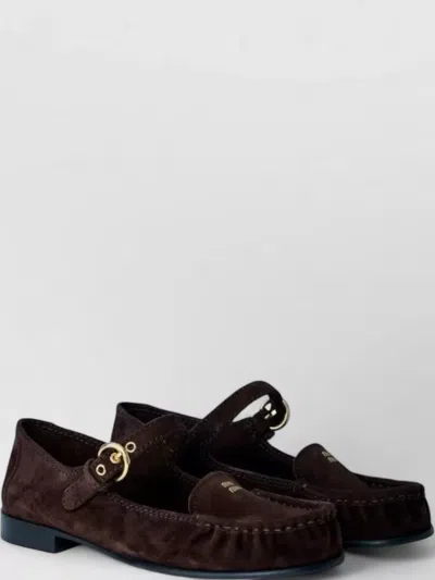 Miu Miu Suede Loafers Gold Tone Hardware Round Toe In Brown