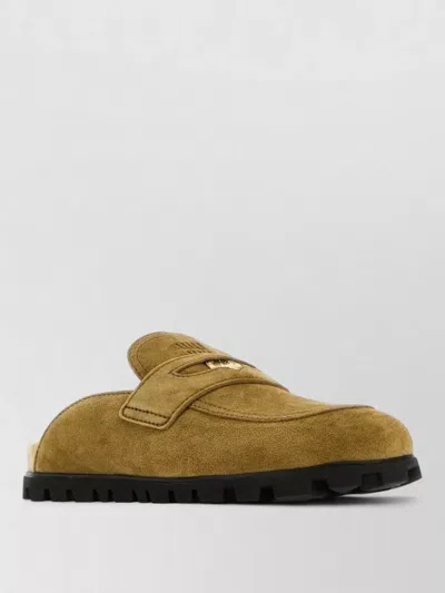 Miu Miu Suede Loafers Round Toe Rubber Sole In Brown