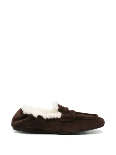 Miu Miu Suede Loafers With Wool Trim In Brown