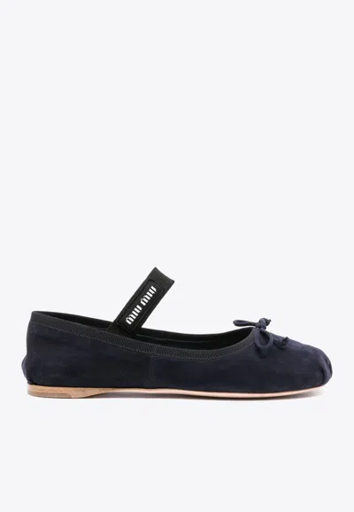 Miu Miu Suede Logo Ballet Flats In Blue