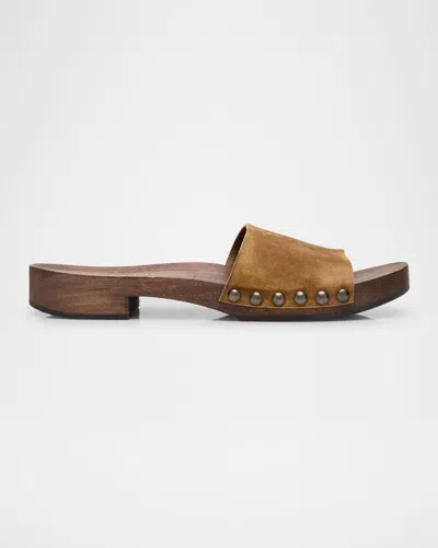 MIU MIU SUEDE LOGO SLIDE CLOGS