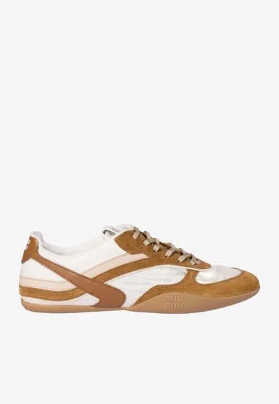 Miu Miu Gymnasium Sneakers In Technical Fabric And Suede In Neutral