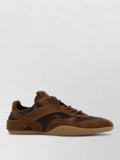 Miu Miu Suede Mesh Sneakers Featuring Rubber Sole In Brown