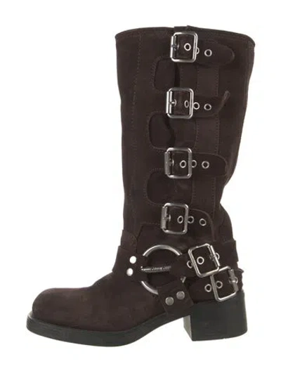 Pre-owned Miu Miu Suede Moto Boots In Brown