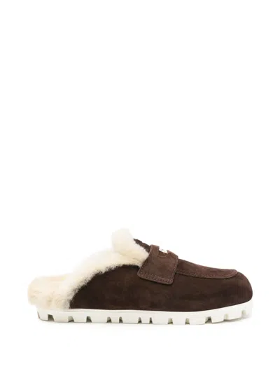 Miu Miu Suede Mules With Shearling Lining In Brown