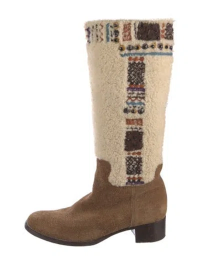 Pre-owned Miu Miu Suede Patterned Riding Boots In Brown