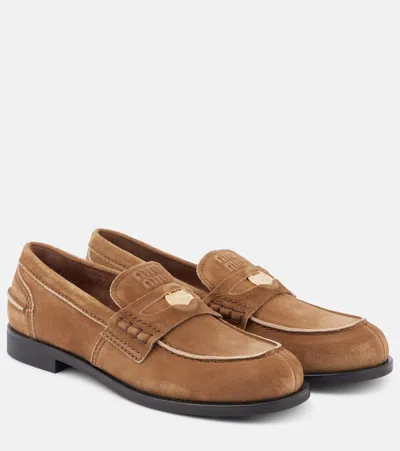 Miu Miu Suede Penny Loafers In Brown