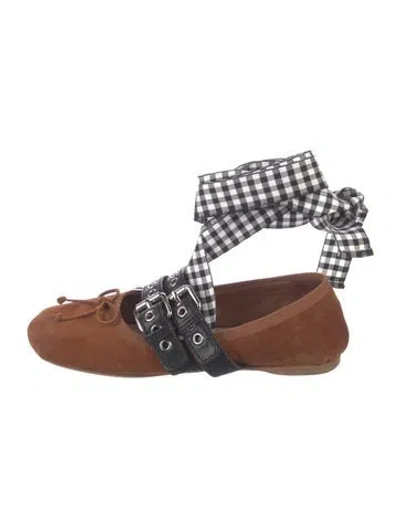 Pre-owned Miu Miu Suede Plaid Print Ballet Flats In Brown