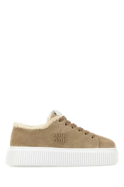 Miu Miu Suede Platform Sneaker With 5 Cm Heel And Shearling Lining In Beige O Tan