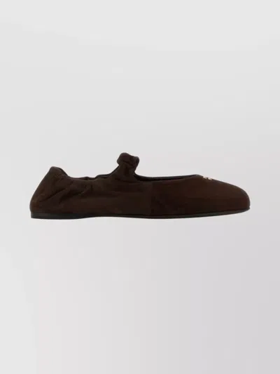 Miu Miu Suede Round Toe Flat Ballerina Shoes In Brown