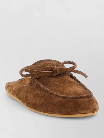 Miu Miu Suede Sabots Rounded Toe Bow Detail In Brown