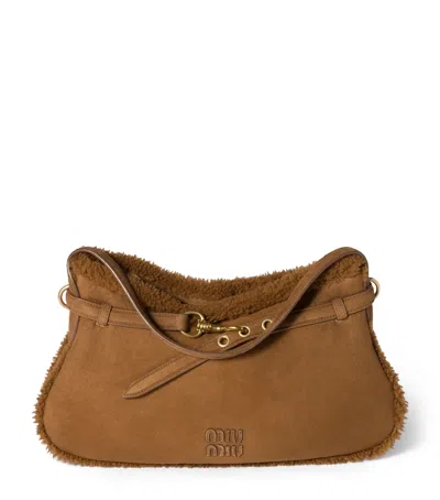 Miu Miu Suede-shearling Aventure Shoulder Bag In Brown