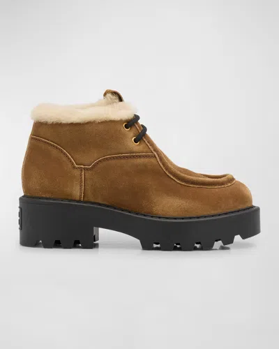 MIU MIU SUEDE SHEARLING LACE-UP CHUKKA BOOTIES