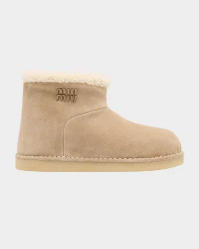 Miu Miu Suede Shearling-lined Booties In Brown