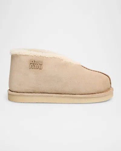 Miu Miu Suede And Shearling Slip-on Booties In Neutral