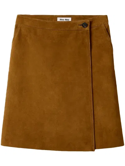 Miu Miu Suede Wraparound Skirt In Brown