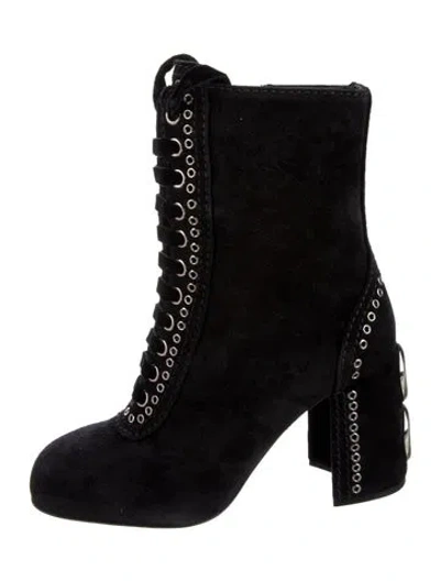 Pre-owned Miu Miu Suede Studded Accents Lace-up Boots In Black