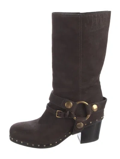 Pre-owned Miu Miu Suede Studded Accents Moto Boots In Brown