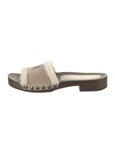 Pre-owned Miu Miu Suede Studded Accents Slides In Neutrals