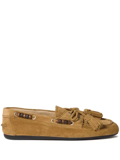 Miu Miu Suede Tassel Moccasin Loafers In Green