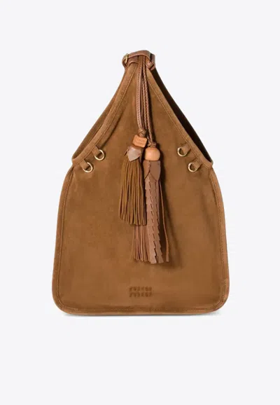 Miu Miu Suede Tassel Shoulder Bag In Brown