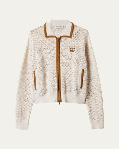 Miu Miu Suede-trim Cotton Crochet Pelle Zip Cardigan