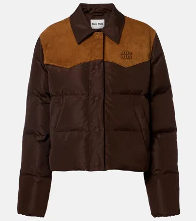MIU MIU SUEDE-TRIMMED PONGÉ DOWN JACKET