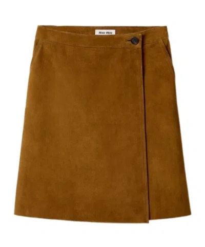 Miu Miu Suede Wraparound Skirt In Brown