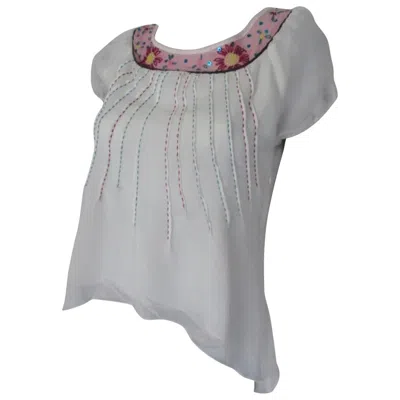 Pre-owned Miu Miu Summer Blouse With Embroidered Flowers In Gray