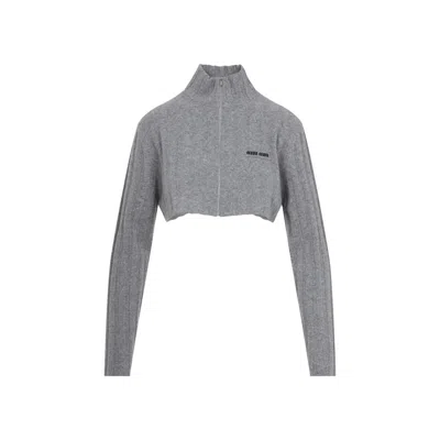 Miu Miu Cropped Knit Cardigan High Neck Long Sleeves In Gray