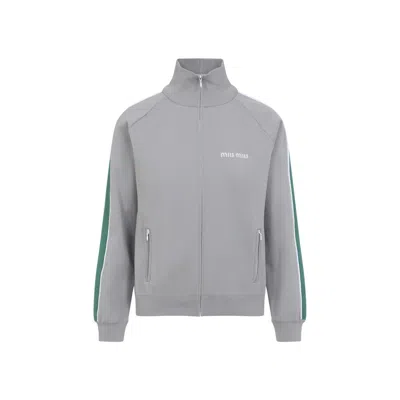 Miu Miu Jacket Contrast Stripe High Collar Ribbed Trim In Gray