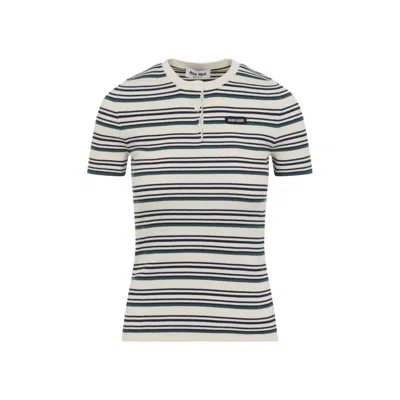 Miu Miu Knit Top Crew Neck Short Sleeves Buttons In Neutral
