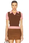 Miu Miu Two-tone Wool Blend Polo Shirt In Tobacco & Rosa