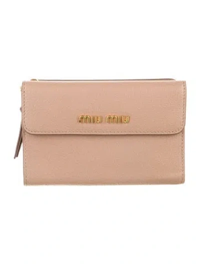 Pre-owned Miu Miu Swing Bamboo Continental Wallet Leather Compact Wallet In Neutrals