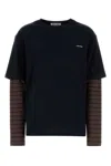 Miu Miu Layered Top With Striped Sleeves And Classic Crew Neckline