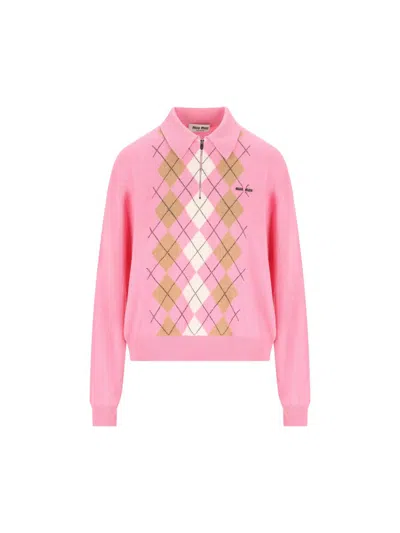 Miu Miu Argyle Pattern Polo With Ribbed Cuffs And Hem In Pink