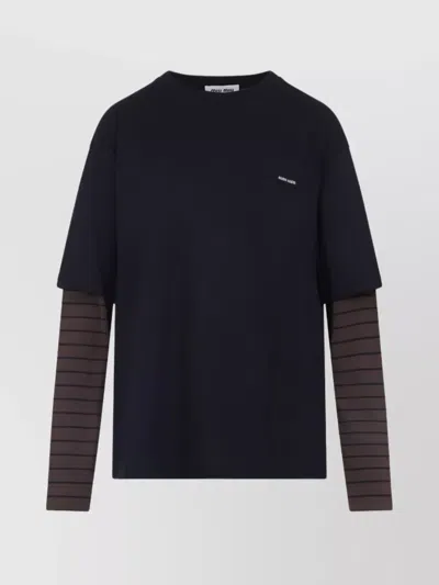 Miu Miu T-shirt Cotton Striped Sleeves In Black
