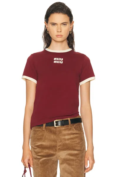 Miu Miu Cotton Jersey T-shirt With Embroidered Logo In Red