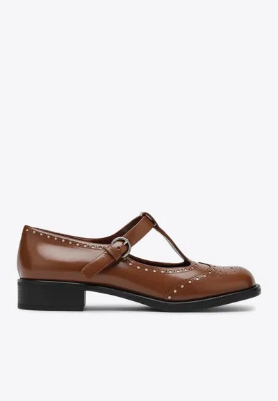 Miu Miu Brushed Leather T-strap Brogue Shoes In Brown