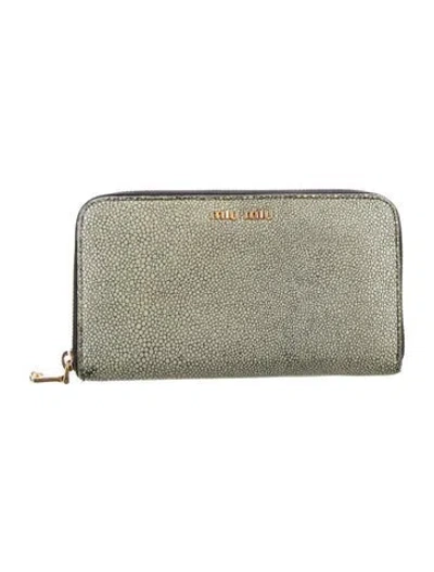 Pre-owned Miu Miu Taiga Leather Continental Wallet In Gray