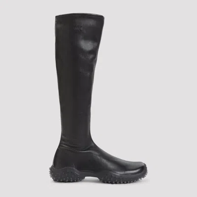 Miu Miu Tall Leather Platform Boots In Black