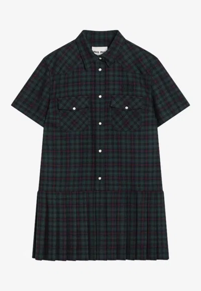 Miu Miu Tartan Check Mini Shirt Dress In Green