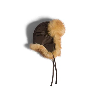 Miu Miu Technical Fabric And Faux Fur Trapper Hat In Ebony/whiskey