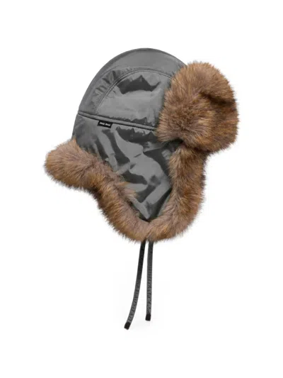 Miu Miu Technical Fabric And Faux Fur Trapper Hat In Brown