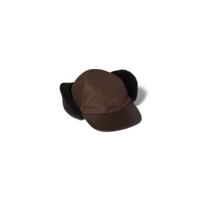 Miu Miu Technical Fabric And Shearling Cap In Brown
