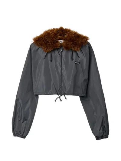 Miu Miu Technical Fabric And Shearling Windbreaker In Gray