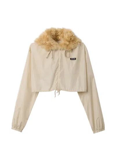 Miu Miu Technical Fabric And Shearling Windbreaker In Neutral