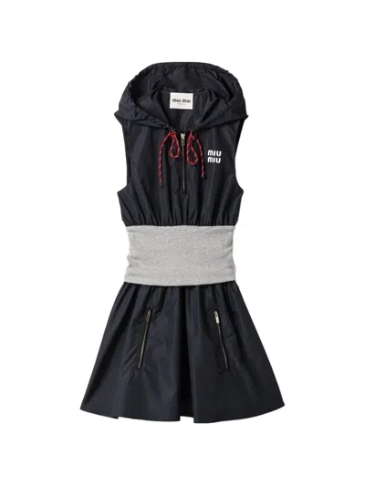 Miu Miu Hooded Sleeveless Dress Elastic Waistband Zip Pockets In Black